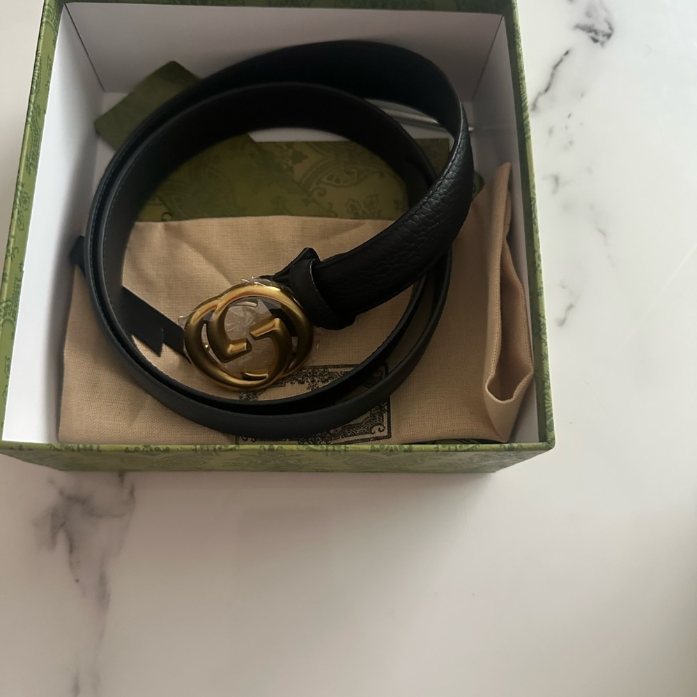 Gucci Black Leather Belt with Gold Interlocking G Buckle